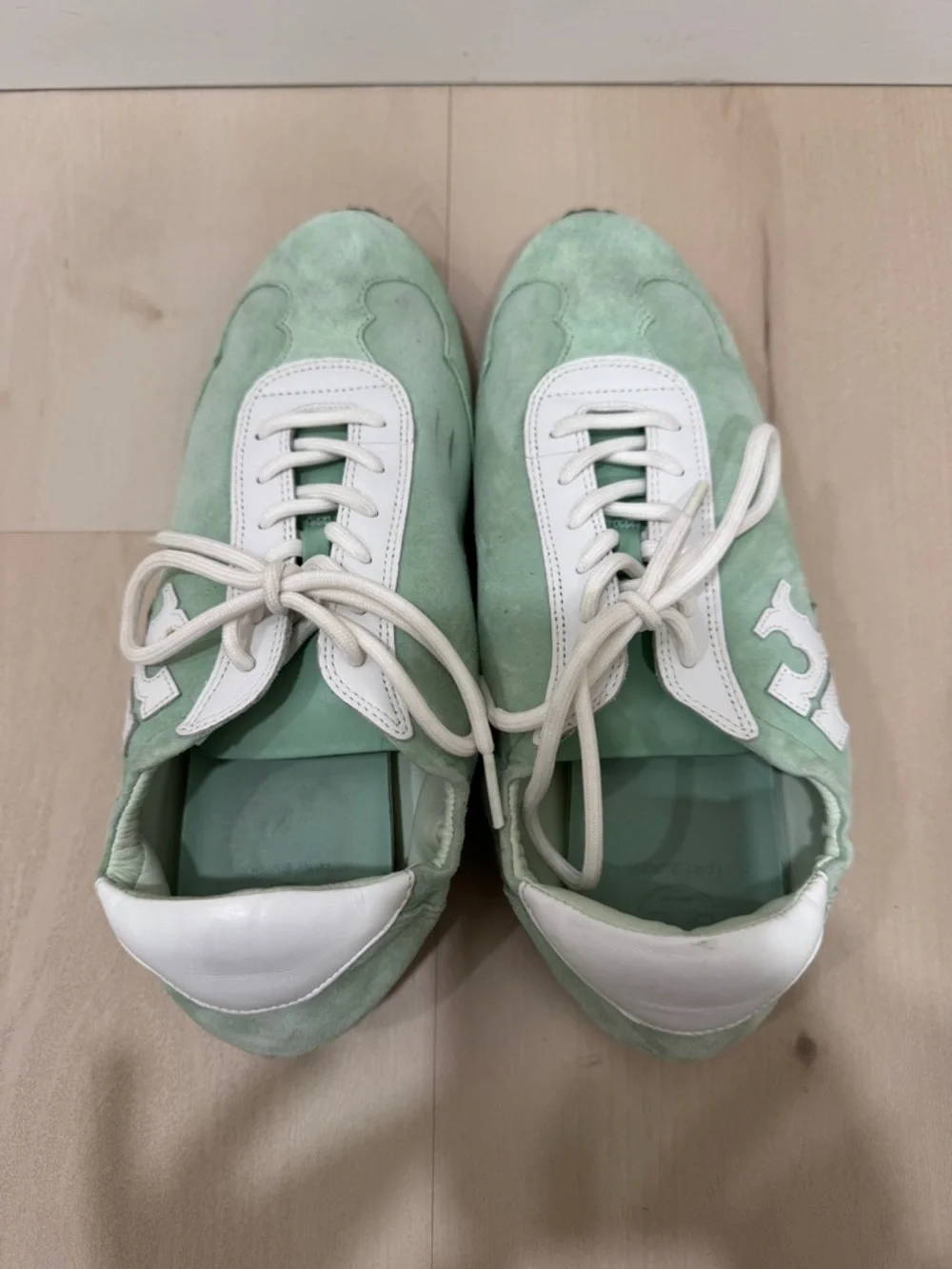 Tory Burch Mint Green White Suede Leather Logo Sneakers Women's 9.5
